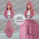 PARK YUN Long Straight Pink Wig with Bangs for Women 26 Inch Neon Pink Hair Synthetic Heat Resistant Pastel Layered Wig Sexy Colored Rose Gold Wigs for Cosplay Christmas Gifts Party