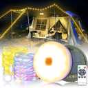 Stowable String Lights 10M, Solar Camping String Lights Reel, USB Rechargeable, 3600mAh, Retractable Solar String Lights for Tent Camping Yard Garden Hiking Travel Outdoor Decoration, Warm White + Color