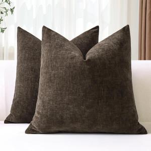 OTOSTAR Pack of 2 Throw Pillow Covers 24x24 Inch Soft Chenille Brown Farmhouse Decorative Pillow Covers Solid Cushion Case for Sofa Bed Living Room Couch (Brown)