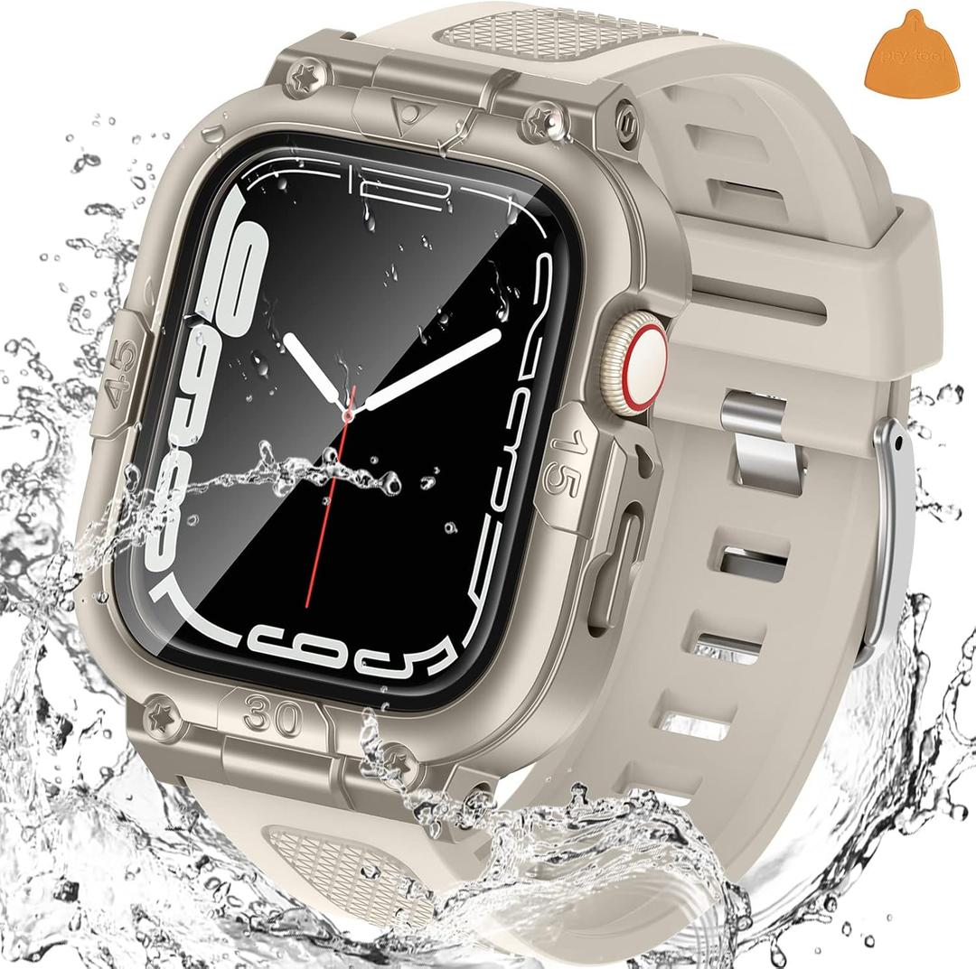 Goton 3 in 1 Waterproof Case with Band for Apple Watch with Built-in Tempered Glass Screen Protector 40mm, 360 Shockproof Bumper Face Cover with Band for Apple Watch SE 3/SE 2/SE, Series 6/5/4, 40mm (Starlight)