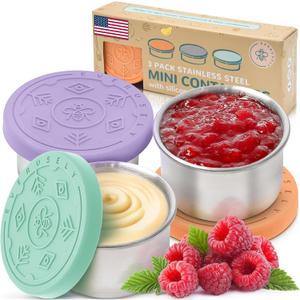 Everusely Condiment Cups - 3 Pack, 1.7 oz / 50 ml, Bright, Stainless Steel - Condiment Containers with Lids - Reusable Salad Dressing Container To Go - Sauce & Dip Cup for Lunchbox, Meal Prep