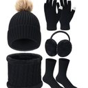 5 - Pieces Cute Winter Beanie Hat Neck Warmer gloves set Women Touchscreen Thick Scarf Skull Caps Set for Cold Weather