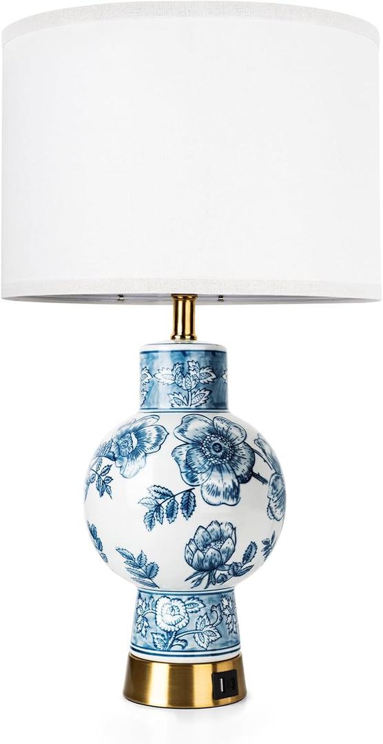 Vase-designed Table Lamp for Bedroom, Bedside Lamps for Nightstand, Minimalist Night Stand Light Lamp with Type-C and USB Ports, Classic Desk Table Lamp for Bedroom, Living Room, Dining Room, Office