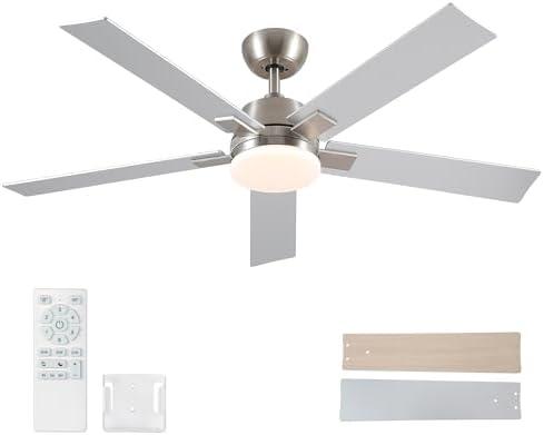 52 Inch Ceiling Fans with Lights and Remote, Brushed Nickel Ceiling Fan, 6 Speed Reversible DC Motor, 3CCT Dimmable LED, Modern Design for Bedroom, Living room & Covered Outdoor,Includes Downrod