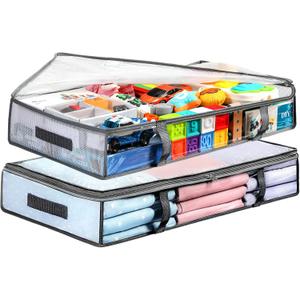 2 Pack Under Bed Storage Containers Bins, Humid-Proof Plastic Underbed Storage Bins, Clothes Storage and Organization Bags, Under the Bed Blanket Storage with Handles for Clothes, Bedroom (55L)