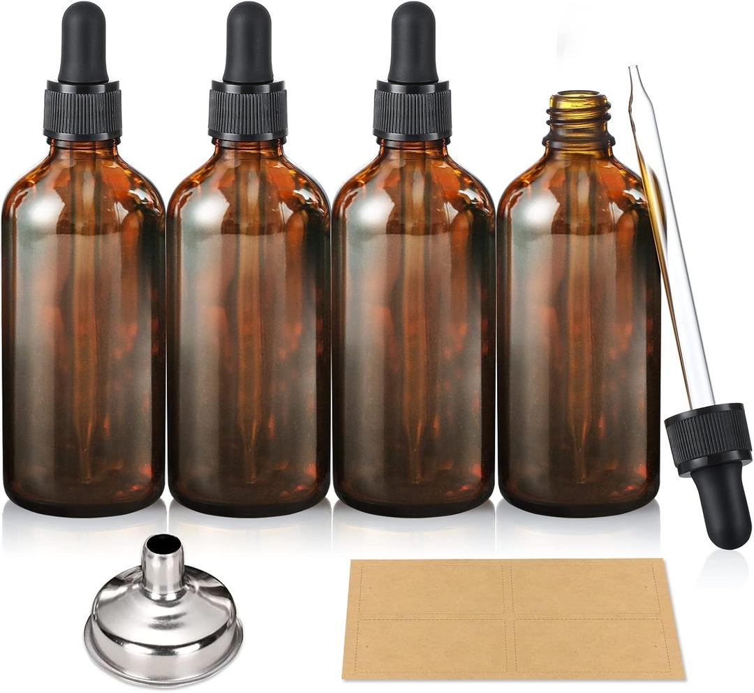 AOZITA 4 Pack, 100ml Dropper Bottles with 1 Funnel & 4 Labels - Essential Oils Bottles for Health, Personal Care & Beauty - 3.4oz Thick Dark Amber Glass Tincture Bottle with Eye Droppers, Leakproof