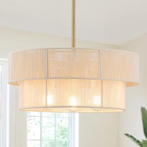 17.7 inchesHand Woven Rattan Chandelier Boho Pendant Light, Adjustable Coastal Hanging Light for Kitchen Island Dining Room Living Room, White, UL Listed, 1 Pack
