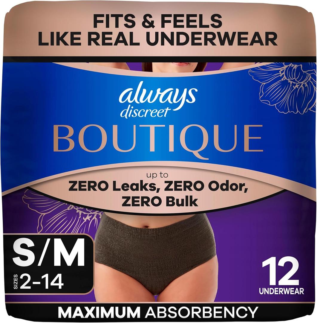 Always Discreet Boutique Incontinence and Postpartum Underwear for Women, Maximum Protection, Small/Medium, Black, 12 Count