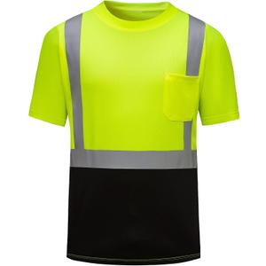 DPSAFETY High Visibility Shirts Quick Dry Safety T Shirts with Reflective Strips and Pocket Short Sleeve Mesh Hi Vis Construction Work Class 2 Shirt for Men/ Women Black Bottom Lime, XL