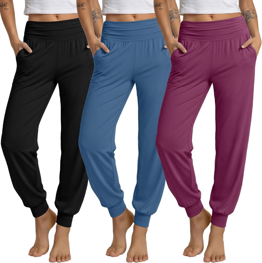 Ficerd 3 Pack Women's Lounge Pants Cozy Yoga Joggers with Pockets High Waisted Workout Lightweight Sweatpants Loose Fit Pants (L)