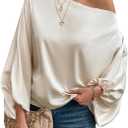 Verdusa Off The Shoulder Blouses for Women 3/4 Length Sleeve Asymmetrical Tops Business Casual Outfits (Apricot, Smal)l