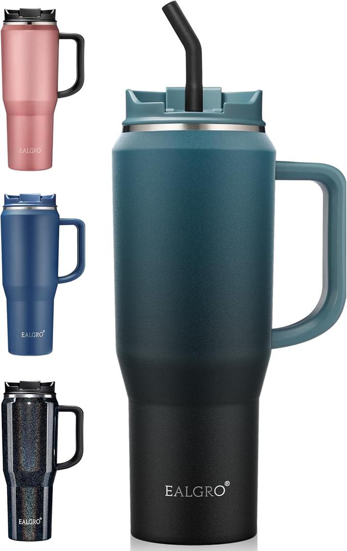 40 Oz Insulated Water Bottle Jug with Straw and Handle, Large Metal Sport Water Flask, Stainless Steel Travel Coffee Mug Cup, Thermal Coffee Tumblers with Lid, Indigo Black