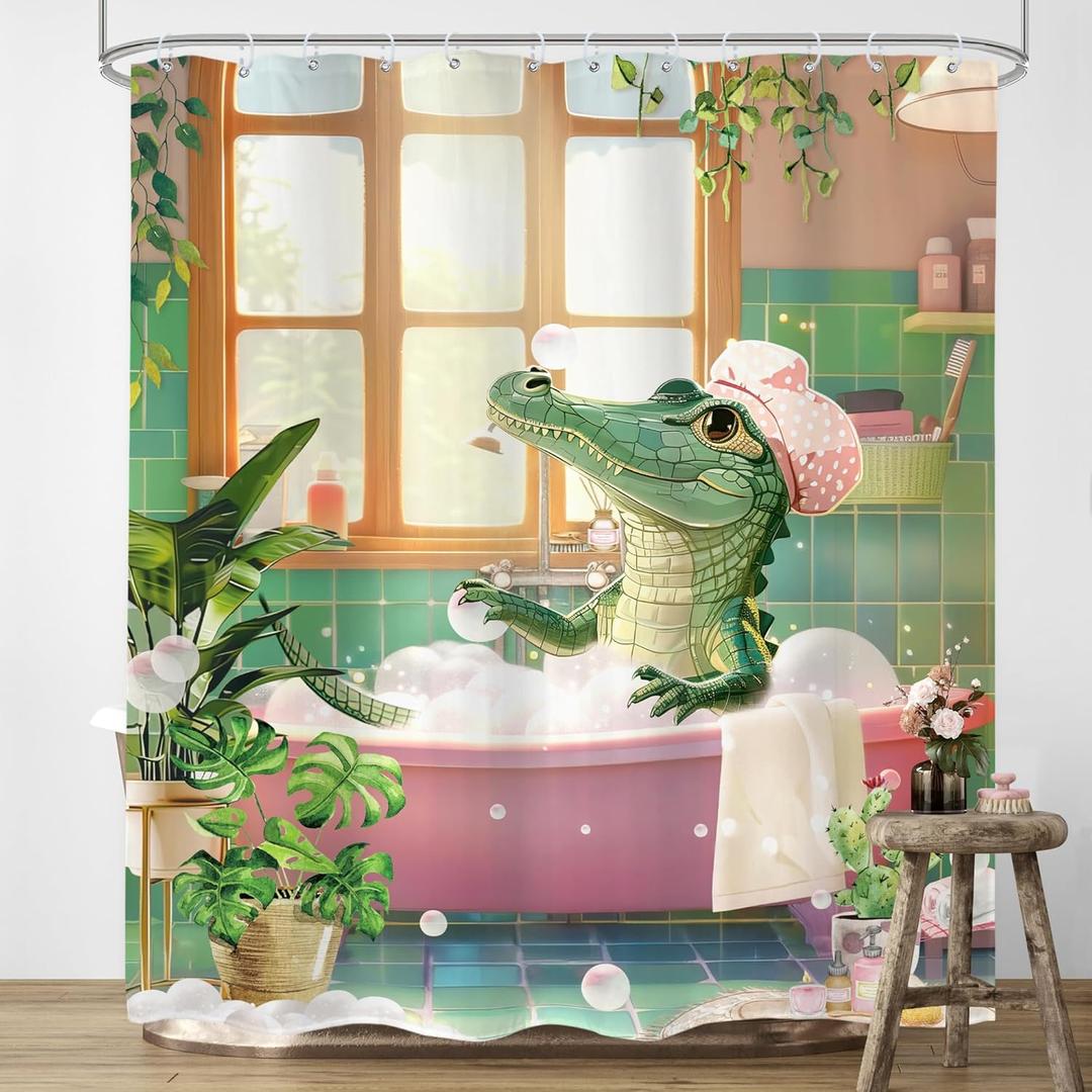 LIGHTINHOME Funny Alligator Shower Curtain for Kids 60Wx72H Inches Cute Animal Bathing in Bathtub Hilarious Gator Bathroom Decor Cloth Fabric Waterproof Polyester Bathroom Home Decor Set with Hooks