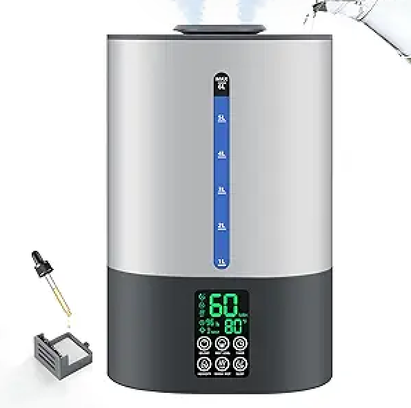 6L Humidifiers for Bedroom Large Room Home,Cool and Warm Humidifier for Baby and Plants Mist Top Fill Desk Humidifiers Essential Oil Diffuser, Quiet with Adjustable Mist,360°NozzleGrey