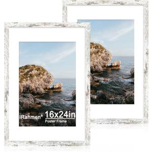 iRahmen 16x24 Picture Frame Set of 2 with Plexiglass, Distressed White Poster Frame Display 12x18 Picture with Mat or 16 x 24 Without Mat, Wood Photo Frame for Gallery Wall Mounting