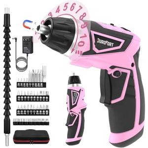 DuroFort Cordless Electric Screwdriver Set, 8V 10Nm Rechargeable Power Electric Drill, Battery Screw Gun with Driver Bit, 320RPM/10+1 Torque, 2 Position Handle, Flexible Shaft LED Light (Pink, 39Pcs) : Tools & Home Improvement