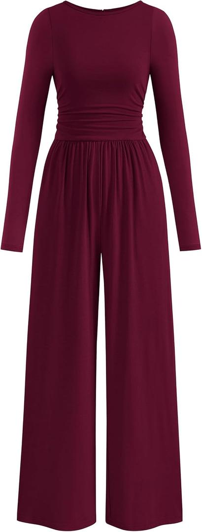 PRETTYGARDEN One Piece Jumpsuits for Women Dressy Casual Long Sleeve Crewneck Wide Leg Romper Overalls Spring Outfits 2026 (Small, Wine Red)