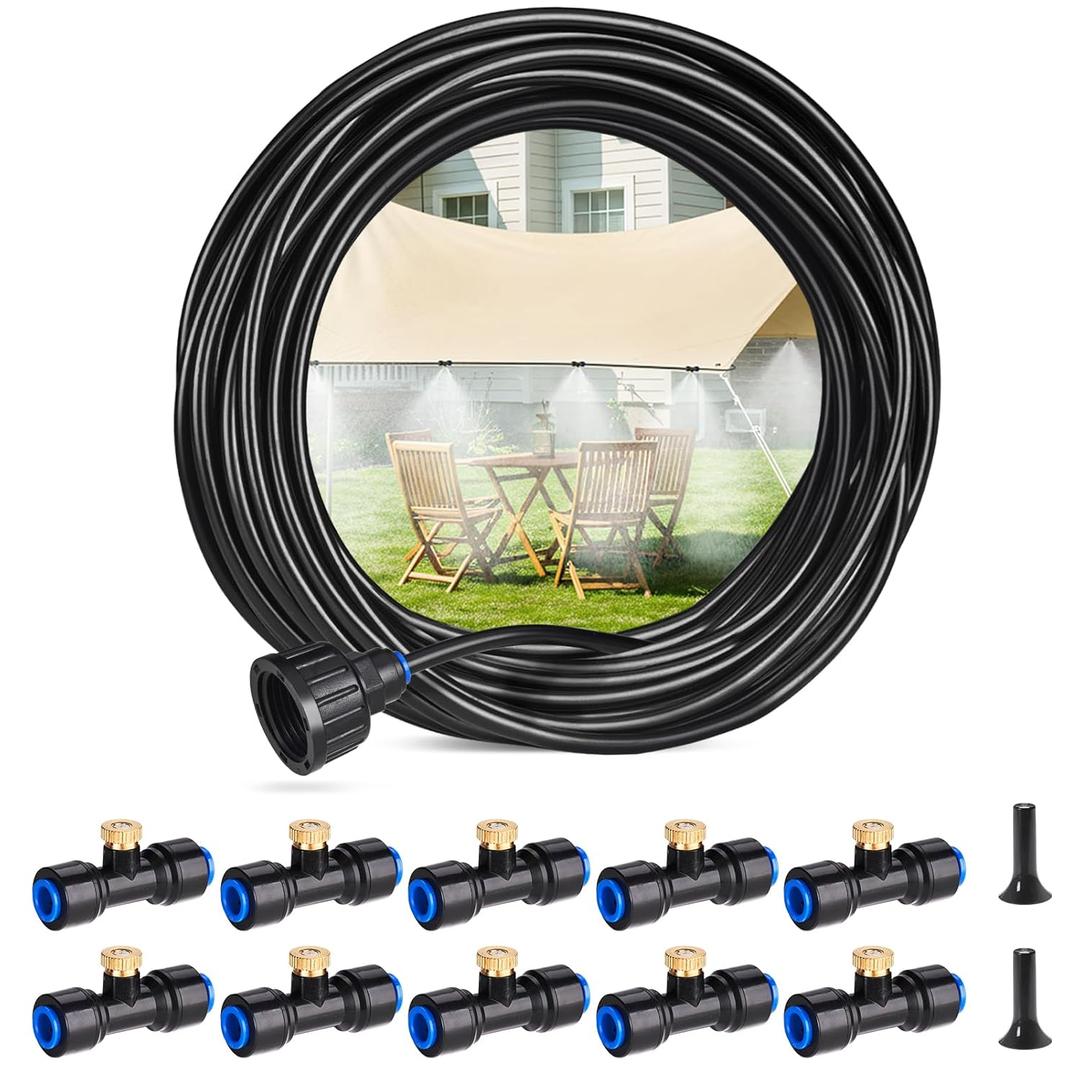 HIRALIY DIY Misters for Outside Patio, 32.8FT (10M) Misting Hose, 10 Brass Mist Nozzles, 2 Plugs, Water Misters for Backyard, Porch, Patio Cooling, Garden Watering and Chicken Coop HIRALIY DIY Misters for Outside Patio, 32.8FT (10M) Misting Hose, 10 Brass Mist Nozzles, 2 Plugs, Water Misters for Backyard, Porch, Patio Cooling, Garden Watering and Chicken Coop