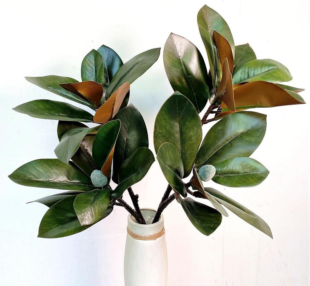 32 Inch Magnolia Artificial Leaves Branches 3D Plastic Printing Houseplant Plant Indoor Outdoor Home Decor (Dark Green - Pack of 2)