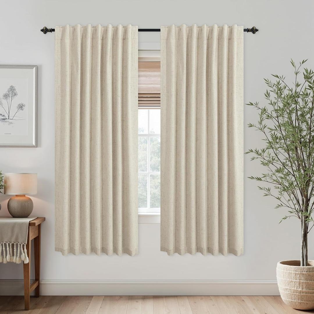KOUFALL Tan Beige Black Out Curtains 63 Inches Long for Farmhouse Bedroom,Blackout Linen Textured Thermal Insulated Curtains 63 Inch Length (52"W x 63"L (Pack of 2))