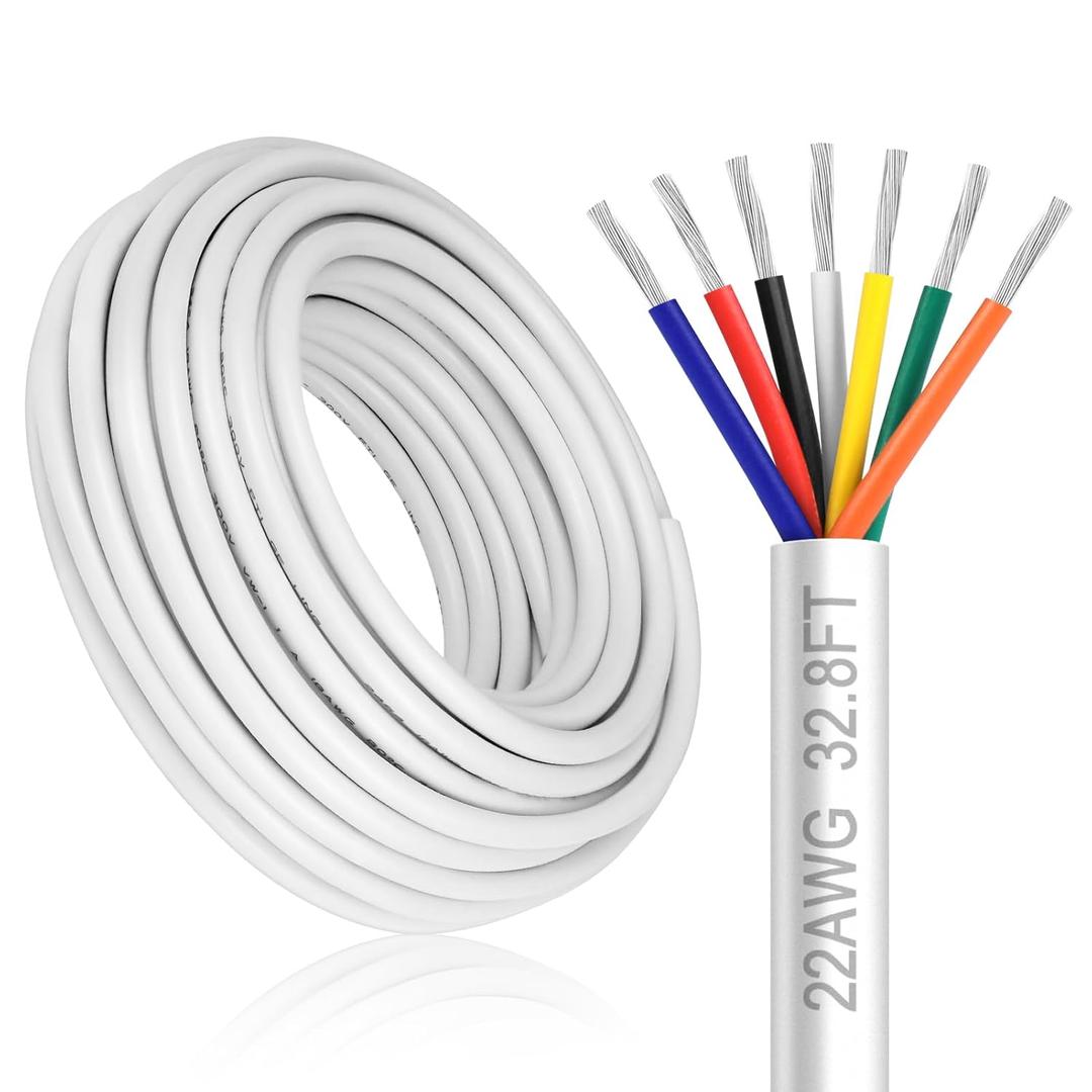 22 Gauge 7 Conductor Electrical Wire, 32.8FT White Stranded Low Voltage 22/7 PVC Case, 22 AWG Tinned Copper 7 Wire Extension Power for Strips LED Lamp Lighting