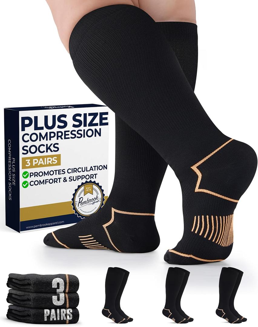 Pembrook Plus Size Compression Socks for Women Wide Calf - 3 Pairs, 20-30mmHg Extra Wide Calf Compression Socks, XX-Large 