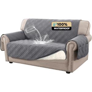 PrinceDeco 100% Waterproof Loveseat Covers for 2 Cushion Couch Sofa Covers Waterproof and Washable Sofa Slipcover with Side Pocket Furniture Protector with Elastic Straps(Loveseat 48", Grey)