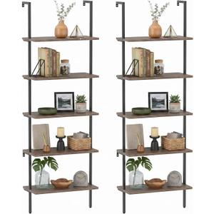 aboxoo Ladder Shelf 2PCS Open Bookshelf 5-Tier Wall-Mounted Wood Bookcase Rack Open Back Industrial Modern Plant Flower Stand Utility OrganizerMetal Frame Furniture Office Kitchen Bedroom (Brown)