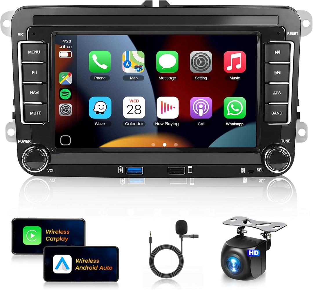 METEESER 7 Android13 Wireless CarPlay & Android Auto Car Stereo for VW Jetta Passat Golf Tiguan 2+64G  Bluetooth, GPS Navigation, Wi-Fi, Backup Camera Included,USB Slot Android Double Din Head Unit