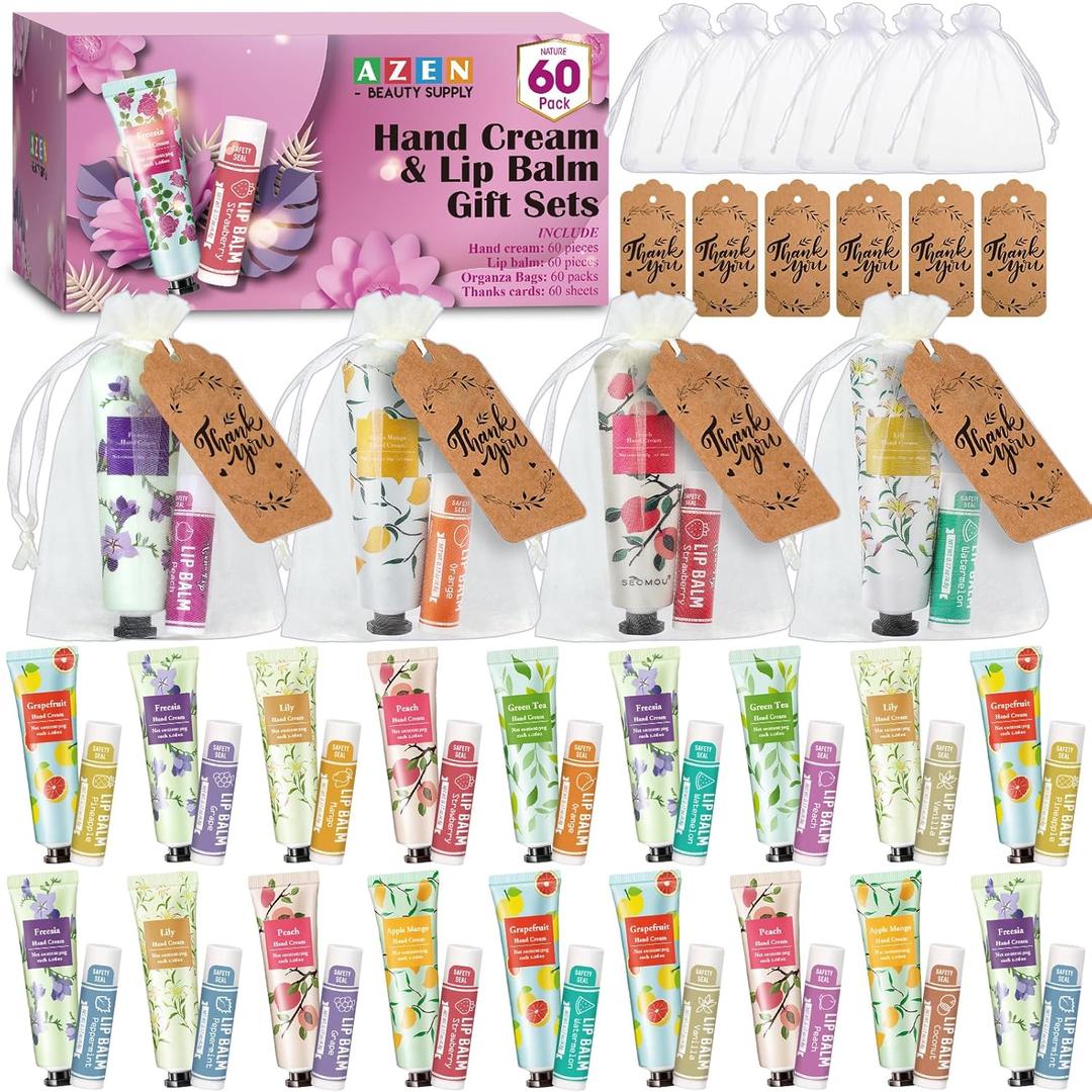 AZEN 60 Sets Bulk Gifts, Hand Cream and Lip Balm Bulk Set with Organza Bag Thank You Card, Baby Shower Wedding Gift for Guests, Bridal Wedding Favors for Guests, Mothers Day Gifts Stocking Stuffers