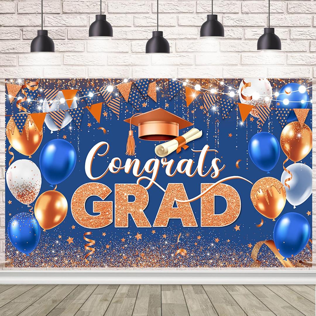 AIBIIN 7x5ft Congrats Grad Backdrop Blue Orange Gold Glitter Balloons Congratulations Graduation Party Decorations Background for Photography Graduation Decorations 2026 Party Supplies