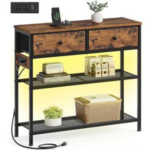 SONGMICS Console Table with Power Outlets and LED Lights, 2 Fabric Drawers, 11.8"D x 30.2"W x 31"H