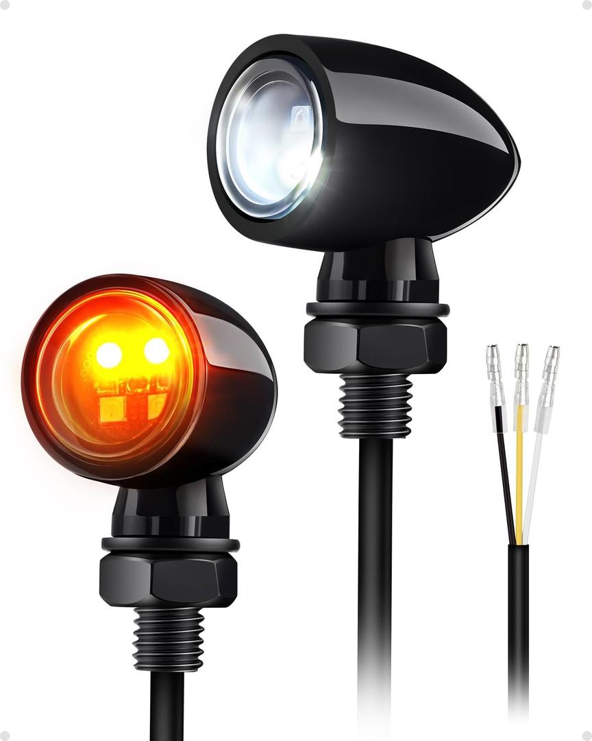 Benlari Mini Bullet Turn Signal Lights, Front Turn Signal Lights, 4 LEDs Motorcycle White Amber Blinkers Turn Lights Fit for Honda Yamaha Suzuki Kawasaki Harley Chopper Bobber, Gloss Black, 2PCS
