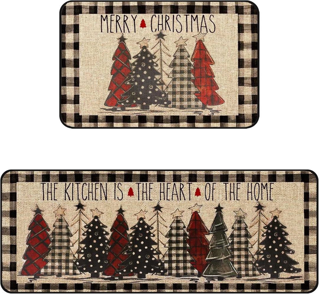 Christmas Kitchen Rugs Set of 2, Christmas Rugs for Kitchen, Buffalo Plaid Xmas Tree Merry Christmas Kitchen Mats, Winter Home Decor Low-Profile Kitchen Rugs, 16x24 and 16x47 Inch