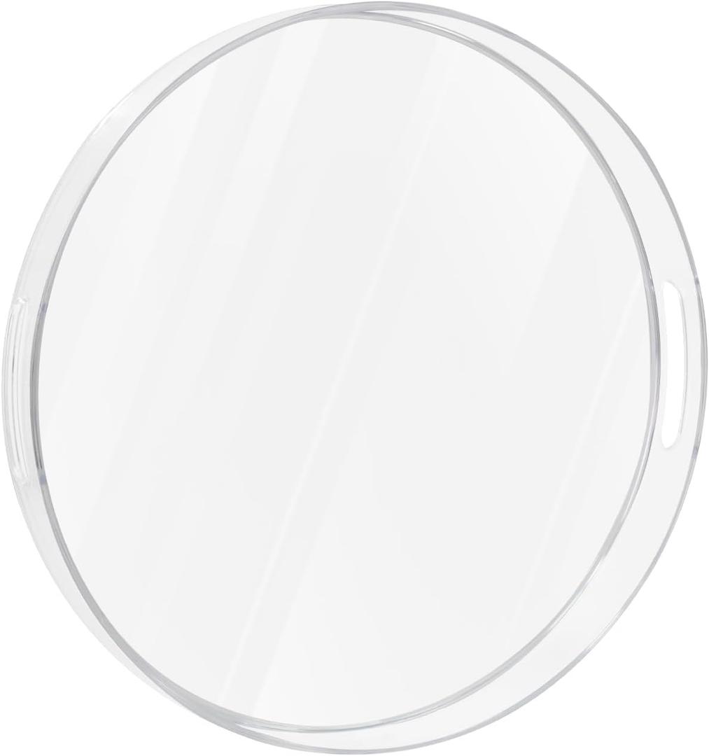 MAONAME Clear Round Serving Tray with Handles, 13" Plastic Clear Tray, Round Decorative Trays for Coffee Table, Ottoman, Bathroom, Vanity