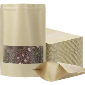 100 Pack Bags, Resealable Bags with Clear Window, Stand-up Bags for Sealing Storage, Scratch Resistant Hand Storage Bags. (Kraft Paper, 4.77.9 Inch)