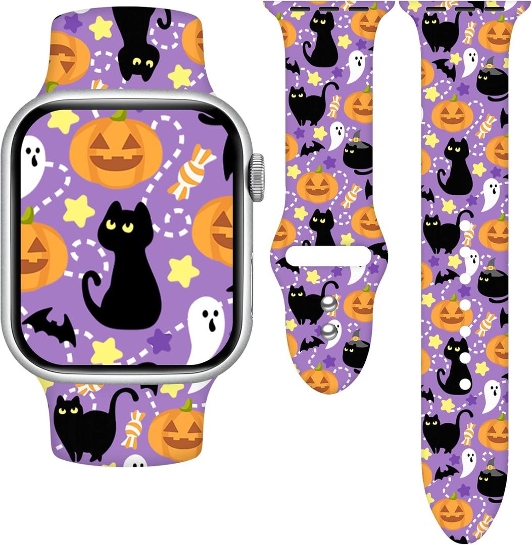 TOXXU Halloween Black Cats Pumpkins Watch Band Compatible with Apple Watch 38mm 40mm 41mm for Women Men, Stylish Funny Xmas Printed Replacement Strap for iWatch Ultra SE 9 8 7 6 5