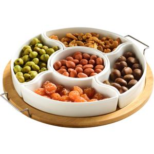 yarlung 11 Inch Ceramic Divided Serving Dishes with Bamboo Platter, Appetizer Tray 5 Removable Snacks Bowls for Candy and Nut, Chips and Dips, No Lid Included