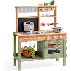 ROBOTIME Mud Kitchen for Kids, Outdoor Wooden Playset with Mud Kitchen, Sink, BBQ Grill, Coffee Maker, Planting Area & Oven, Pretend Play Kitchen for Outdoor Fun Ages 3+, Large