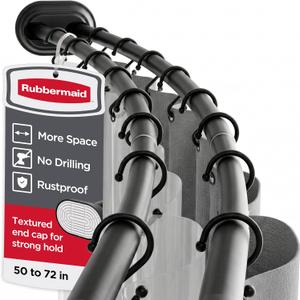 Rubbermaid Double Curved Shower Curtain Rod, No Drill, 50-72 Inches Adjustable Tension Shower Rod for Bathroom, Non-Slip, No Rust, Matte Black
