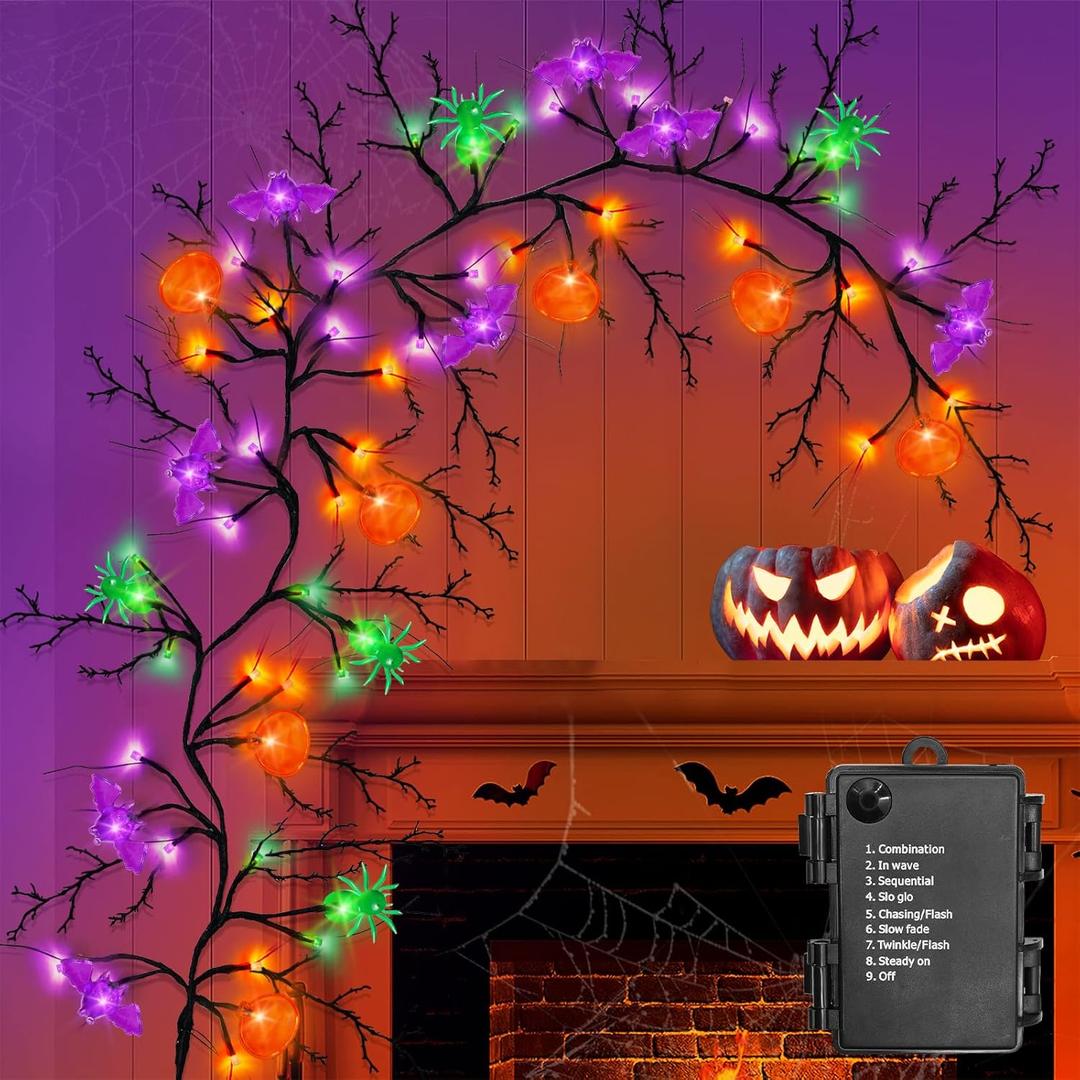 [8 Modes & Timer] 6 Ft Halloween Willow Vine Twig Decor Garland with Bats Pumpkins Spiders Lights, 54 LED Battery Operated Halloween Lights for Indoor Home Mantle Fireplace Decor