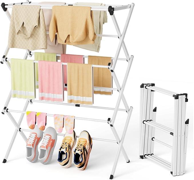 BAKON Space Saving Foldable Clothes Drying Rack, Extendable Rustproof Laundry Rack for Indoor Outdoor Use, No Assembly Required, Suitable for Bathroom Laundry Room Apartment RV, White