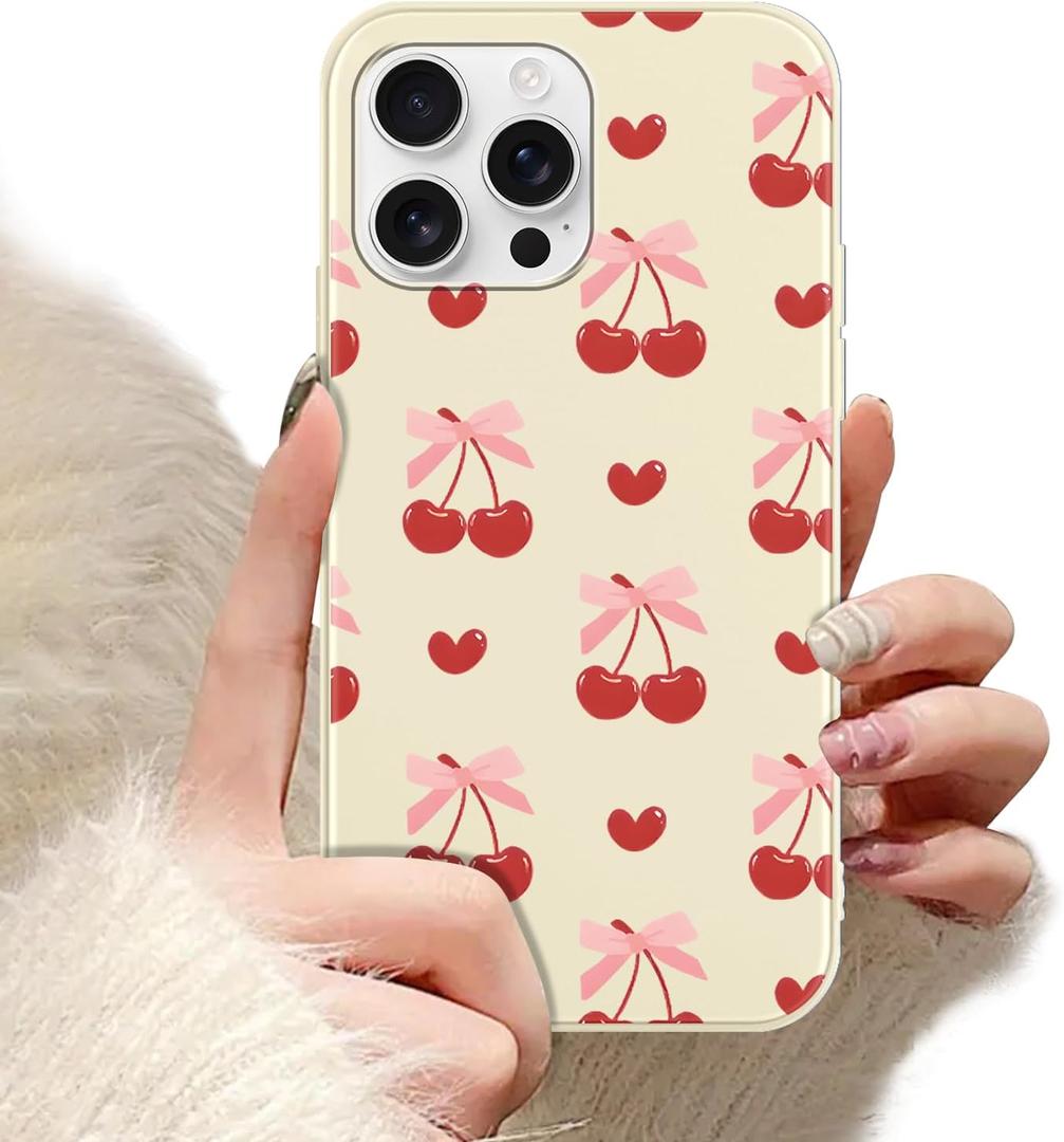Red Cherry Bow Design Phone Case for iPhone 15 Pro Max,Cute Trendy Aesthetic Fruit Retro Preppy Y2k Girl Woman Protective Cover for iPhone 15 Pro Max 6.7 Inch