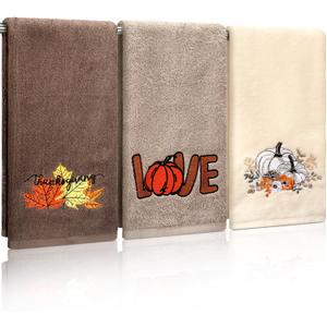 3 Pcs Fall Thanksgiving Hand Towels Embroidered Pumpkin Maple Leaf Bathroom Towels for Fall Bathroom Kitchen Decor Thanksgiving Gift, 29.5 x 13.8 Inch(Dark Brown, Khaki, Beige)