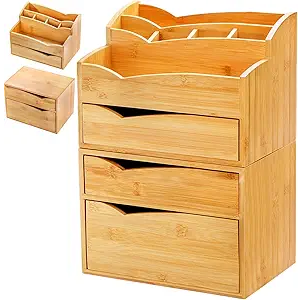 Yopay 2 Pack Bamboo Desk Organizer, Stackable Desktop Organizers with 3 Drawers, Bamboo Office Tabletop, Countertop Organization for Stationery, Makeup Vanity, Fully Assembled