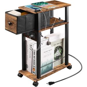 DGSANDGO Sofa Side Table Narrow End Table (1PC) - Rustic Brown & Black Two-Tone, Side Table with Charging Station (1 AC + 2 USB) & Storage Drawer, 4 Wheels Mobile Nightstand for Bedroom Living Room