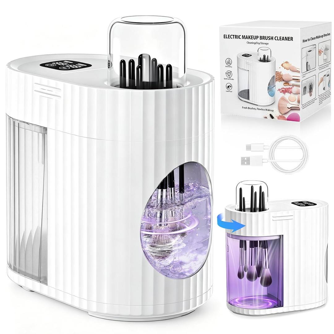 Electric Makeup Brush Cleaner Machine, Automatic Cleaning Fast Drying | 3-IN-1 1200RPM High-speed Spinning, Adjustable Timer, LED Display, 7 Slots for All Brush Sizes, USB Powered, Pure White