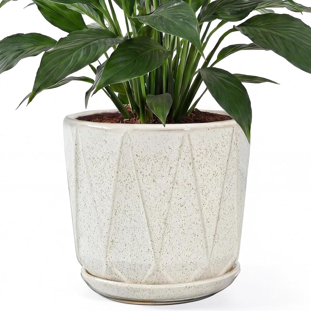 10 Inch Ceramic Plant Pot with Drainage Hole Mesh Net, Large Flower Pots for Indoor Plants with Saucer, Gardening Pots Outdoor (Silk White)