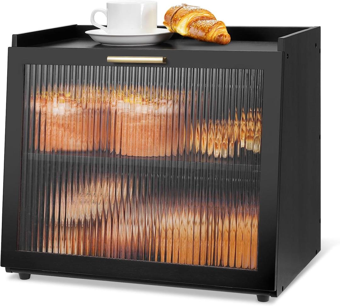 Double Layer Bamboo Bread Box for Kitchen Countertop, Bread Storage Container with Adjustable Shelf, Black Bread Box for Homemade Bread, Large Capacity