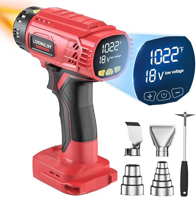 LIVOWALNY Heat Gun Compatible with Milwaukee 18V Battery: 350W Cordless Battery Powered Heat Gun 122℉~1022℉ (50℃~550℃) -Variable Temperature Control w/LED Digital Display for Shrink Tubing, Vinyl Wrap